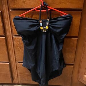 Bodyflirt Black Swimsuit 14 with Color Bead Accent Summer Beach Resortwear Artsy